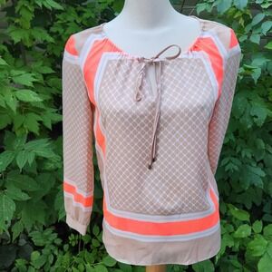 New York Company Blouse Small Geometric Print Long Sleeve Tie Neck Peach Orange